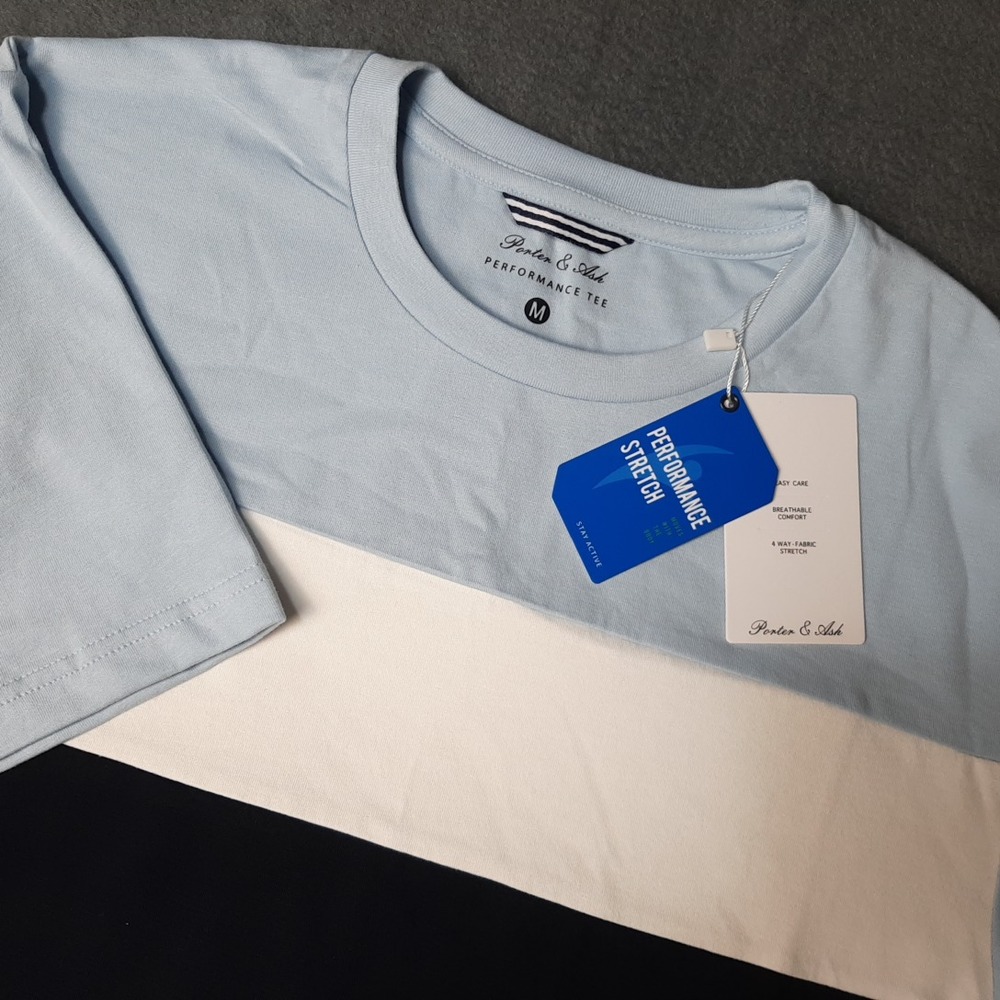 NEW Porter Ash Shirt Mens Medium Blue White Black Stripe Performance Stretch